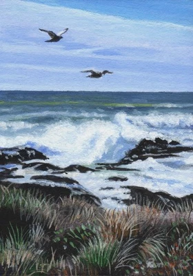 Pintura original de paisaje marino ACEO pastos marinos costa gaviotas arte en miniatura 9925 Foto 1 de 2