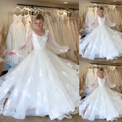 Boho Long Sleeves Wedding Dresses White Tiered Ivory Beach A Line Bridal Gowns - Image 1 of 4