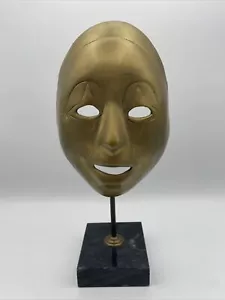 Vintage Brass Carnival Mask Mounted On Black Marble Base 11” Tall MCM Theater - Picture 1 of 10