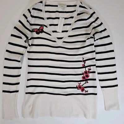 New York & Company Sweater Womens Small V-Neck Striped Floral Y2K Retro Top - Image 1 of 4