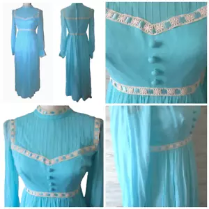 Vtg 60s Baby Blue White Lace Chiffon Maxi Mock Bishop Sleeve Gown Buttons ribbon - Picture 1 of 24