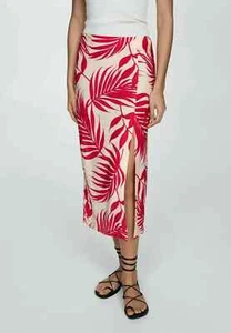 MANGO A-Line Skirt Leaves Print Midi Off White/Pink Size 32" EURO 40 UK 12 - Picture 1 of 11