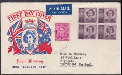 1947 1d Elizabeth ROYAL WEDDING Australia FDC + KGVI  1'4 Turquoise to GB   — 第 1/2 张图片