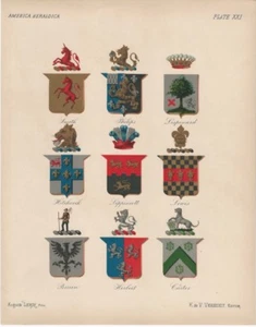 1886 America Heraldica - Colonial American Coats of Arms Chromo Heralrdy Print - Imagen 1 de 1