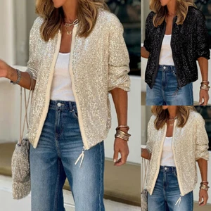 Women Sparkly Sequins Long Sleeve Zipper Coat Jacket Party Tops Blouse Cardigan - Picture 1 of 18