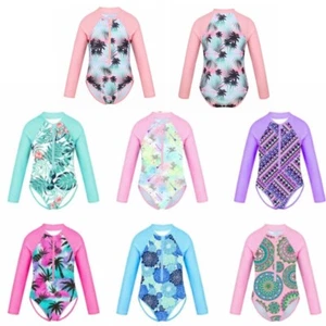UK Kids Girls One Piece Palm Printed Zippered Rash Guard Sun Protection Swimsuit - Picture 1 of 47
