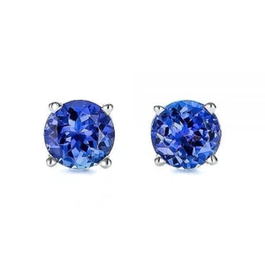 PENDIENTES DE TANZANITA DE 2,00 QUILATES ORO BLANCO 14K CORTE REDONDO CESTA EMPUJAR HACIA ATRÁS 7 MM - Imagen 1 de 12