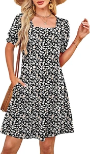 Summer Dresses for Women 2025 Casual Cute Square Neck Puff Short Sleeve Dress wi - Picture 1 of 25