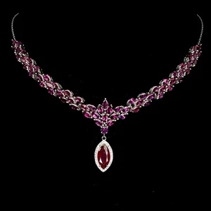 925 Sterling Silver Necklace Marquise Ruby 14x7mm Rhodolite Gemstone 18 Inches - Picture 1 of 14