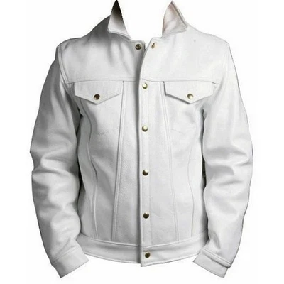 Men's Leather Trucker Jacket Pure Lambskin White Western Style Denim Coat Jacket - Image 1 of 4