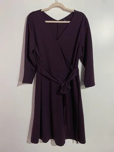 Lands End Dress L Prune Fall Cottagecore Peasant Midi Faux Wrap Feminine Modest - Picture 1 of 11