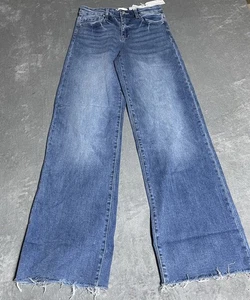 Pantalones de mezclilla Petra 153 para mujer 27 lavado medio pierna ancha dobladillo crudo desteñido boho elástico - Imagen 1 de 7