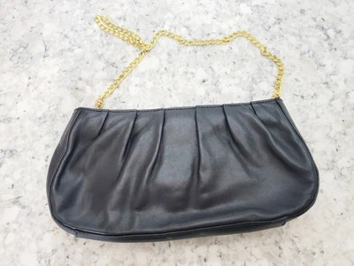 Etienne Aigner Vintage Purse Chain Envelope Bag Leather Clutch Black Gold Tone - Image 1 of 4