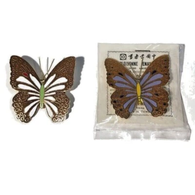 Juego de 2 Broches Prendedor Solapa Oro Mariposa Esmalte Cloisonne Blanco y Lavanda Foto 1 de 3