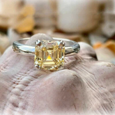 3 Ct Asscher Canary Yellow  Diamond Solitaire Wedding Ring 14K White Gold Finish - Image 1 of 4