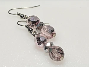 Vintage Earrings Dangle Drop Crystal Glass Stones Pink Transparent 3.56g - Picture 1 of 9
