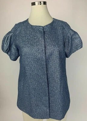 Chaqueta Blazer LELA ROSE Metálica Plateada Azul Seda Manga Corta Plisada 2 Preciosa Foto 1 de 4