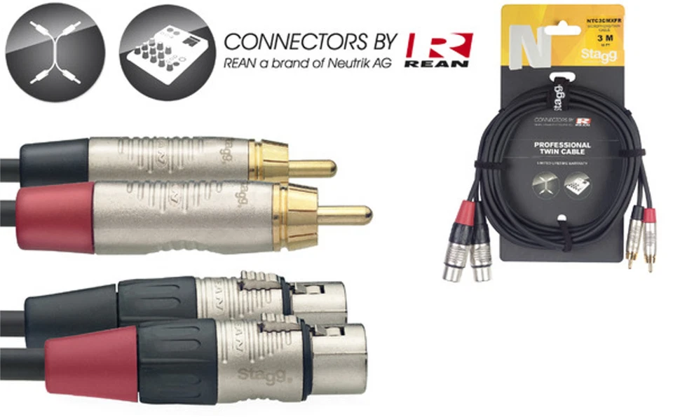 STAGG NTC3CMXFR 10 FT TWIN CABLE  XLR FEMALE JACK W  RCA MALE JACK Foto 1 de 1