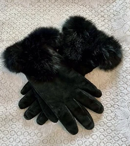Damenhandschuhe Kaninchenfellbesatz schwarz Wildleder wunderschön Medium - Bild 1 von 5