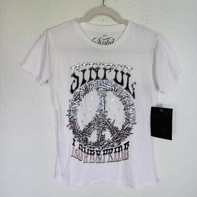 Sinful Affliction Top Womens Large Peace Nails Metallic Graphic Y2K Grunge NEW - Image 1 of 4