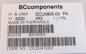 500 unidades - 2,2K - 0805 0,125W 1% película gruesa SMD resistencia 2K2 ohmios - BCComponents - Imagen 1 de 2