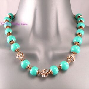 Mint Turquoise Chic Bubble Bead & Crystal Gold Toggle Collar Statement Necklace