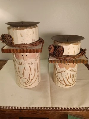 Rustic Carved Wood Santa Pillar Candle Holders, Set of 2, 7.5" & 6" - Image 1 of 4