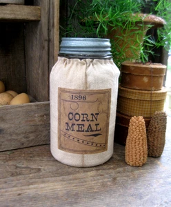 Antique Clear Glass Canning Jar Zinc Lid Feed Sack Sleeve Corn Meal Label - Picture 1 of 5