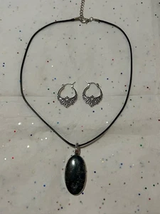 Natürlicher mehrfarbiger grüner Edelstein 925 Sterlingsilber Platte Anhänger + Ohrring - Bild 1 von 8