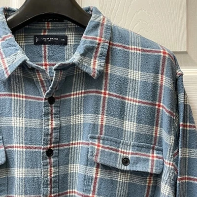Lucky Brand 男式 2XL 蓝色/红色格子法兰绒长袖衬衫双口袋 — 第 1/4 张图片