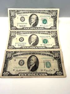 US $10 Ten Dollar Vintage Federal Reserve Currency Note Lot - 1950 A, 1993, 1995 - Picture 1 of 3