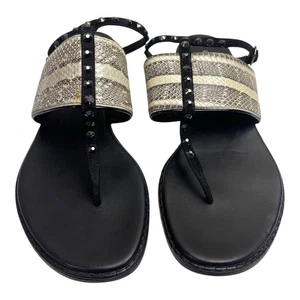 Donald J Pliner Lacy Jeweled Ankle-Wrap Sandals Snake Bone/Black Leather Sz 8 - Picture 1 of 11