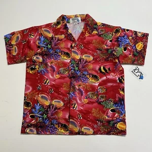 Camicia hawaiana originale KY's acquario pesci coralli rossi ragazzi taglia 7/8 - Foto 1 di 14