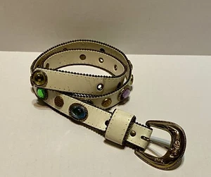 Cintura vintage bianca in vera pelle montata gemme plastica anni 80 fibbia S/M - Foto 1 di 10