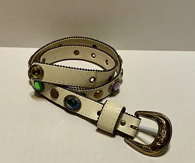 Vintage Belt White Genuine Leather Mounted Plastic Gems 80s Buckle S/M - Image 1 of 4