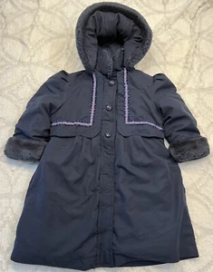 Vtg 90s Braetan Girls Sz 4T Blue Coat Hood Faux Fur/Pleated Ribbon Trim - Picture 1 of 13