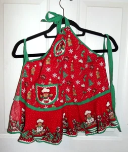 Handmade Childs Apron Christmas Red Green Holly Gingerbread Trees Snowflakes B78 - Picture 1 of 1