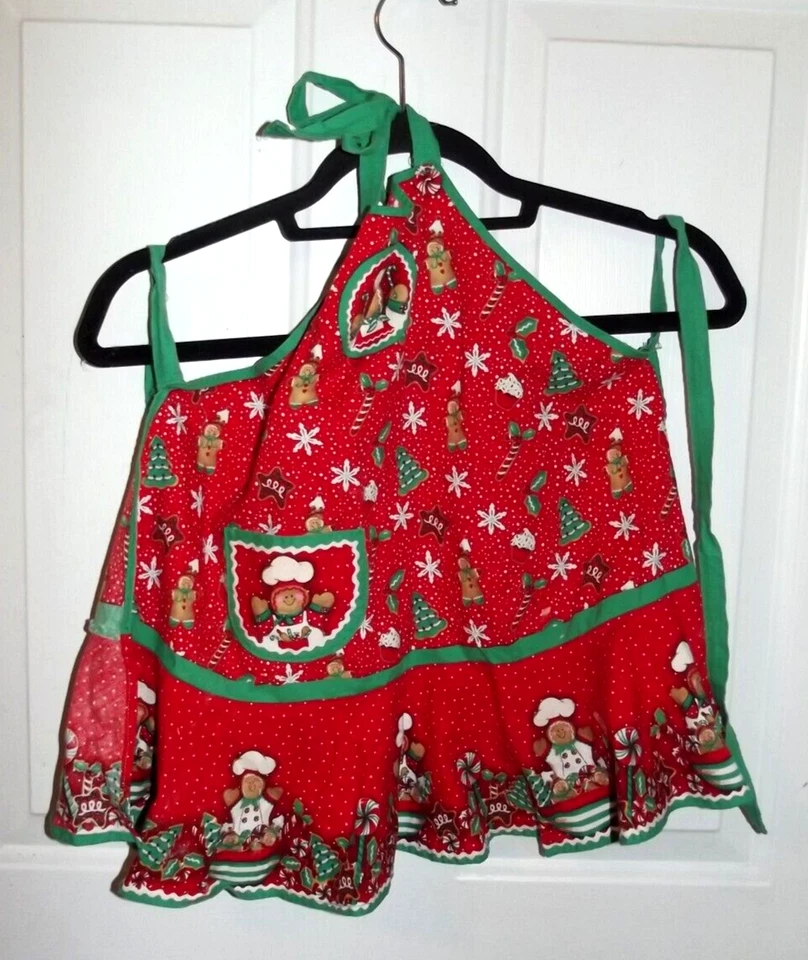 Delantal hecho a mano para niños Navidad rojo verde acebo pan de jengibre árboles copos de nieve B78 Foto 1 de 1