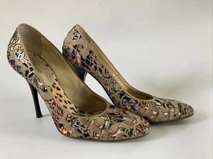 Roberto Cavalli Silk w Pierced Leather Gold Dragon Overlay Stiletto Heel 8.5M - Picture 1 of 21
