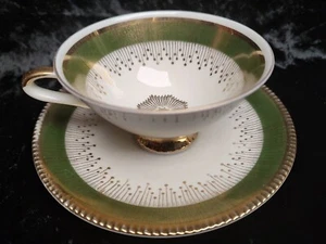 Art Deco Bavaria Tea Cup Set Trio German Fine China Green & Gold Luncheon - Picture 1 of 7