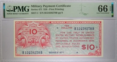 Série 471 $10 Certificado de Pagamento Militar 1ª Impressão PMG Gem Unc 66 EPQ - Imagem 1 de 4