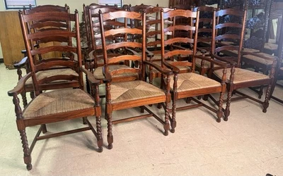 Винтажные 12 французских резных обеденных стульев из ячменя из твердой древесины сиденья из водорослей Rush - Изображение 1 из 4