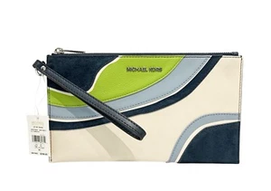 MICHAEL KORS JET SET TRAVEL LARGE CLUTCH LEATHER WRISTLET NAVY MULTI - Picture 1 of 13