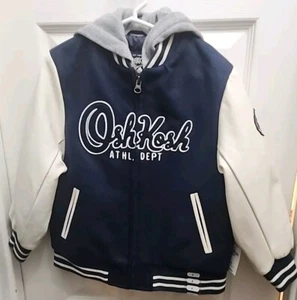 NEW OshKosh B’gosh Varsity Jacket Boys 6 Blue White Pockets Lined Logo Bomber - Picture 1 of 6
