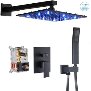 Black Shower Faucet Set LED Rainfall 12"Shower Head Combo Kit with Mixer Valve - Picture 1 of 9