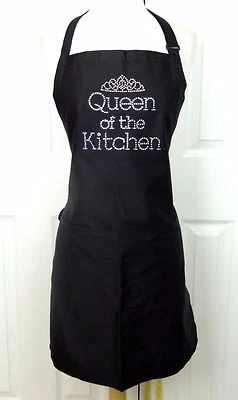 Apron Black One Size Hand Embellished Rhinestone "QUEEN OF THE KITCHEN" - Image 1 of 3