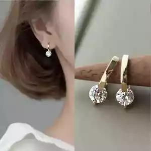 Pendientes colgantes simples de circón redondo enchapado en oro con aguja de plata 925 para mujer S... - Imagen 1 de 17