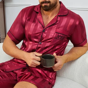 Mens Silk Satin Pajamas Set Sleepwear Stripe Short Sleeve PJ Set Top and Bottom - Picture 1 of 7