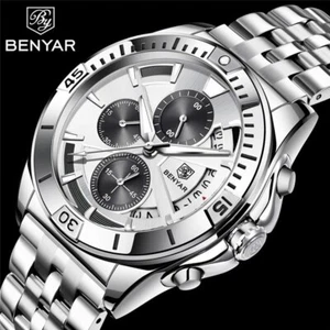 Men Benyar Watch Business Quartz Watches Full Steel Band Chronograph Waterproof - Picture 1 of 14