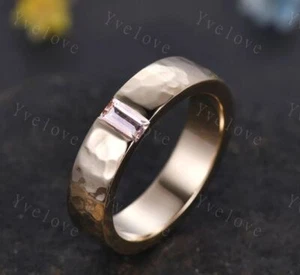 Mens Rose Quartz Wedding Band Baguette Cut ring 925 silver ring Retro vintage - Picture 1 of 13
